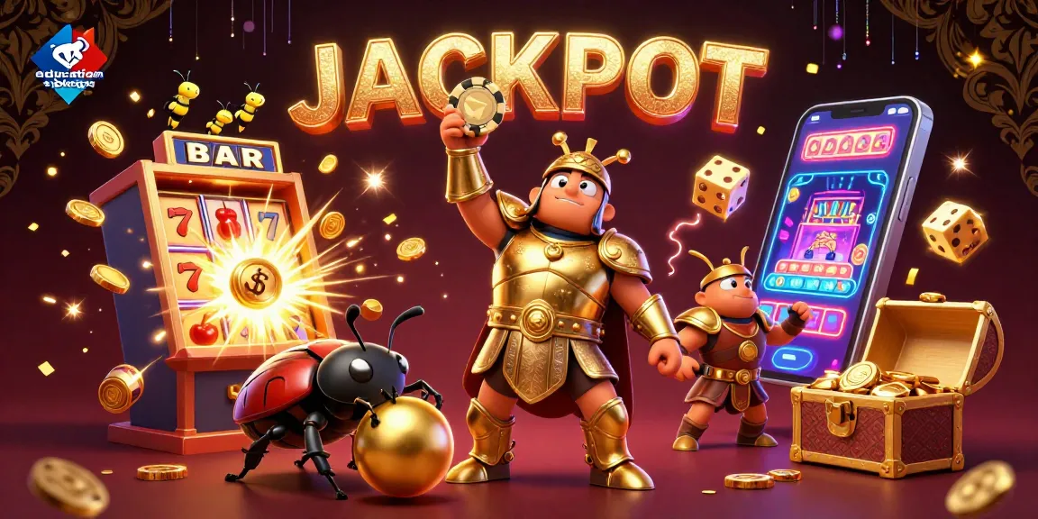 Engaging education blog showcasing a victory scene with cartoon beetles celebrating casino wins amidst vibrant slot game elements.