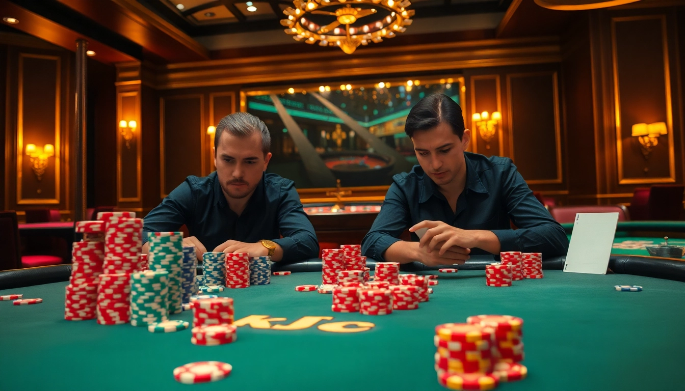 "Engage in a high-stakes poker game at kjc casino, featuring vibrant chips and players focused on their strategy."