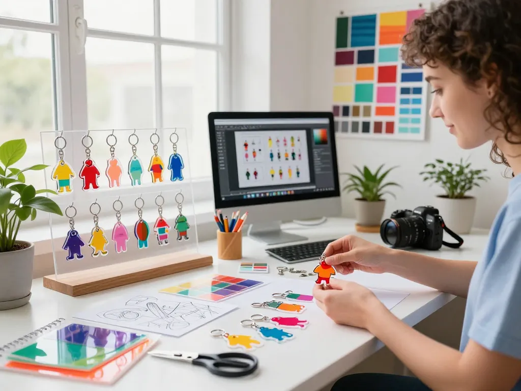 Custom acrylic keychain manufacturer showcasing vibrant designs and creative workspace atmosphere.