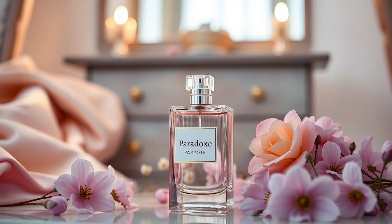 Experience the allure of Paradoxe with an elegant fragrance bottle surrounded by delicate flowers.
