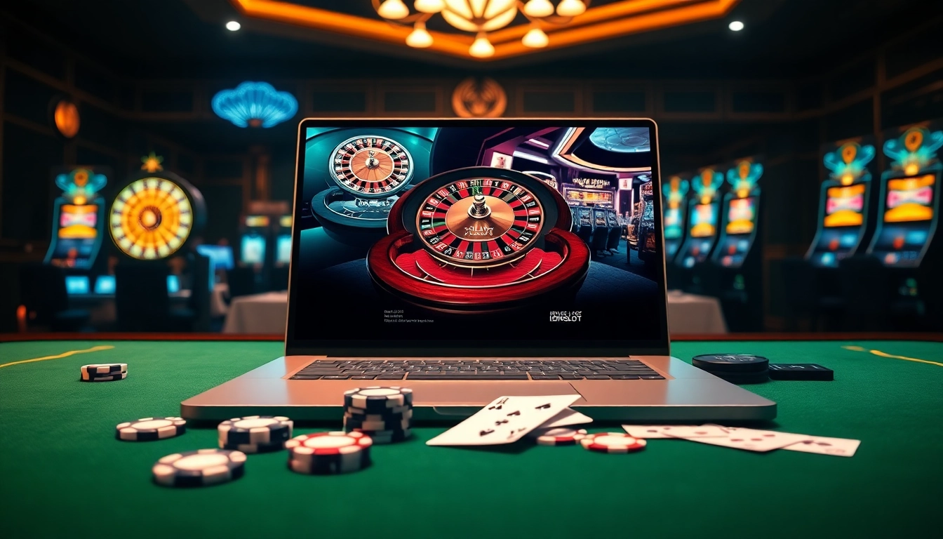 Experience thrilling games at idnslot with poker chips and a roulette wheel.
