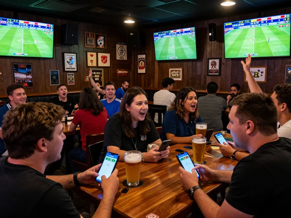 Excited sports fans placing bets using mobile devices on kèo nhà cái 5 during a live soccer match.