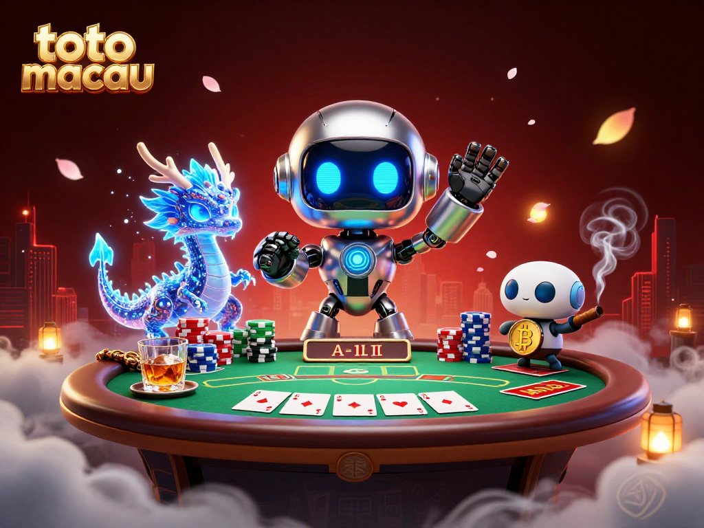 Engage with the exciting world of toto macau as a cyberpunk robot mascot and AI companions surround a vibrant poker table.