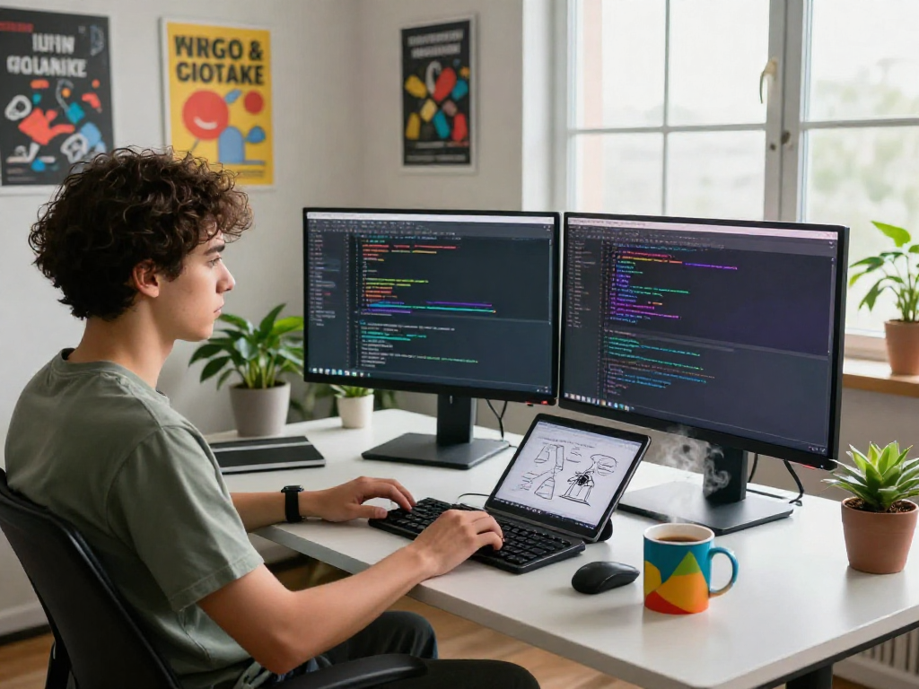 Developer working diligently in a vibrant tech workspace, showcasing a crush on code and creativity.