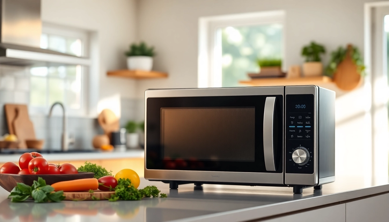 Showcase of a modern Microwave Oven in a well-lit kitchen with fresh ingredients.