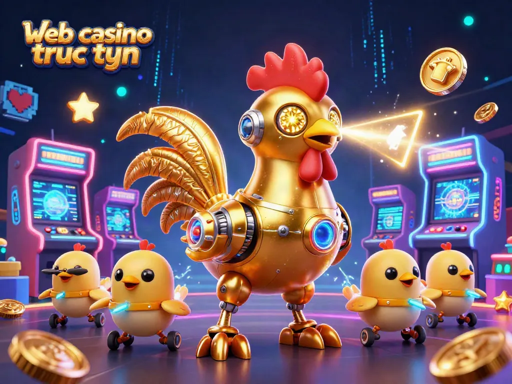 Chơi tại web casino trực tuyến với hình ảnh gà robot vàng và trò máy arcade sôi động.