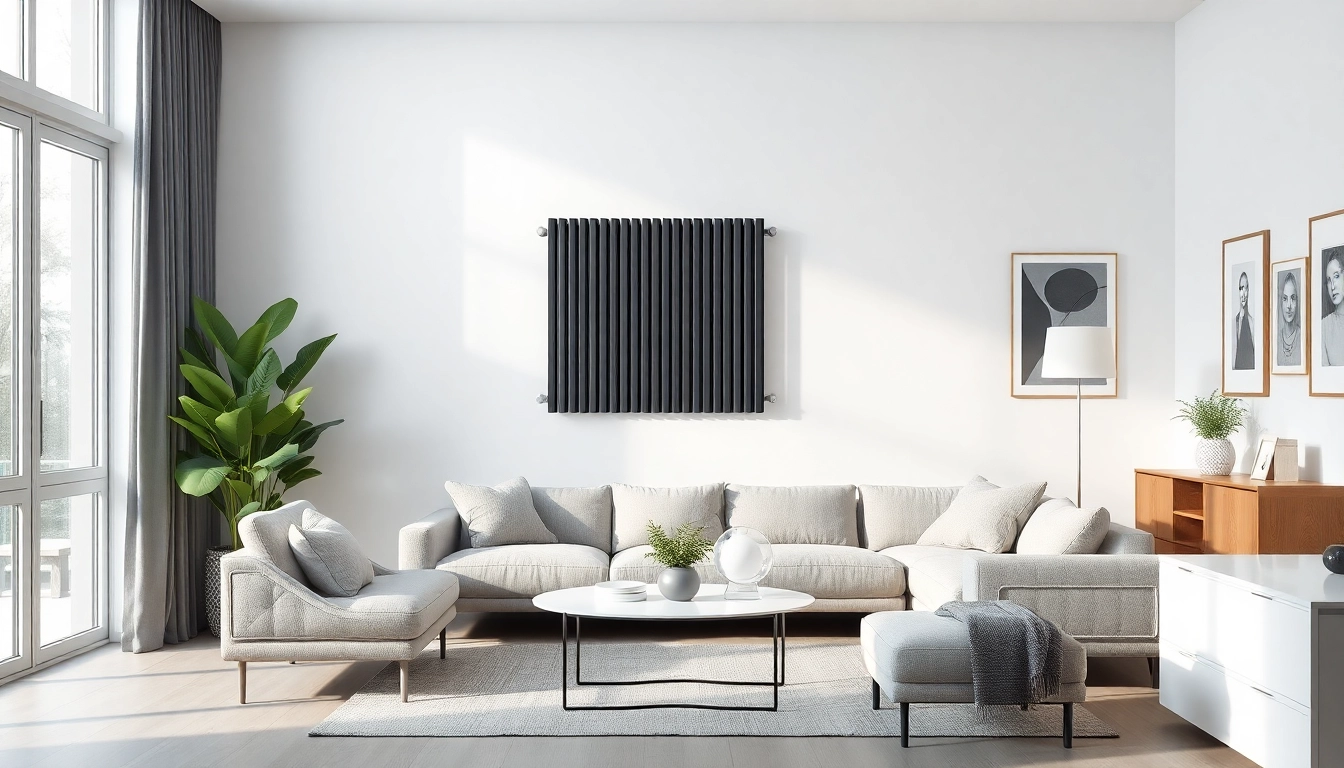 Präsentation eines sonni Heizkörper in einem modernen Wohnzimmer, das Stil und Eleganz ausstrahlt.