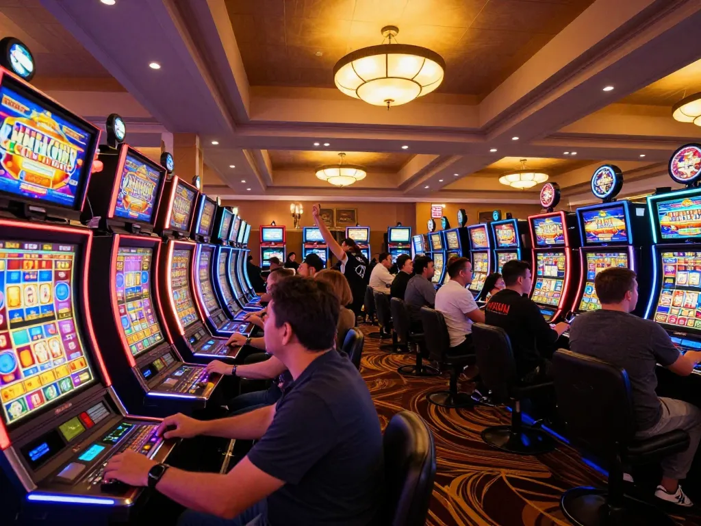 Players celebrating wins at เว็บสล็อตตรง in an exciting casino atmosphere