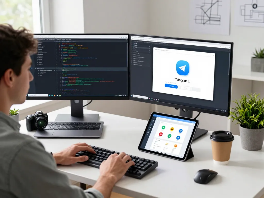 Developer working on Telegram 电脑版 at a modern desk with dual monitors, laptop, and coding elements.