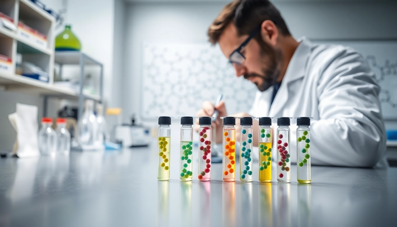 Analyzing peptides in a professional laboratory setting with colorful samples.