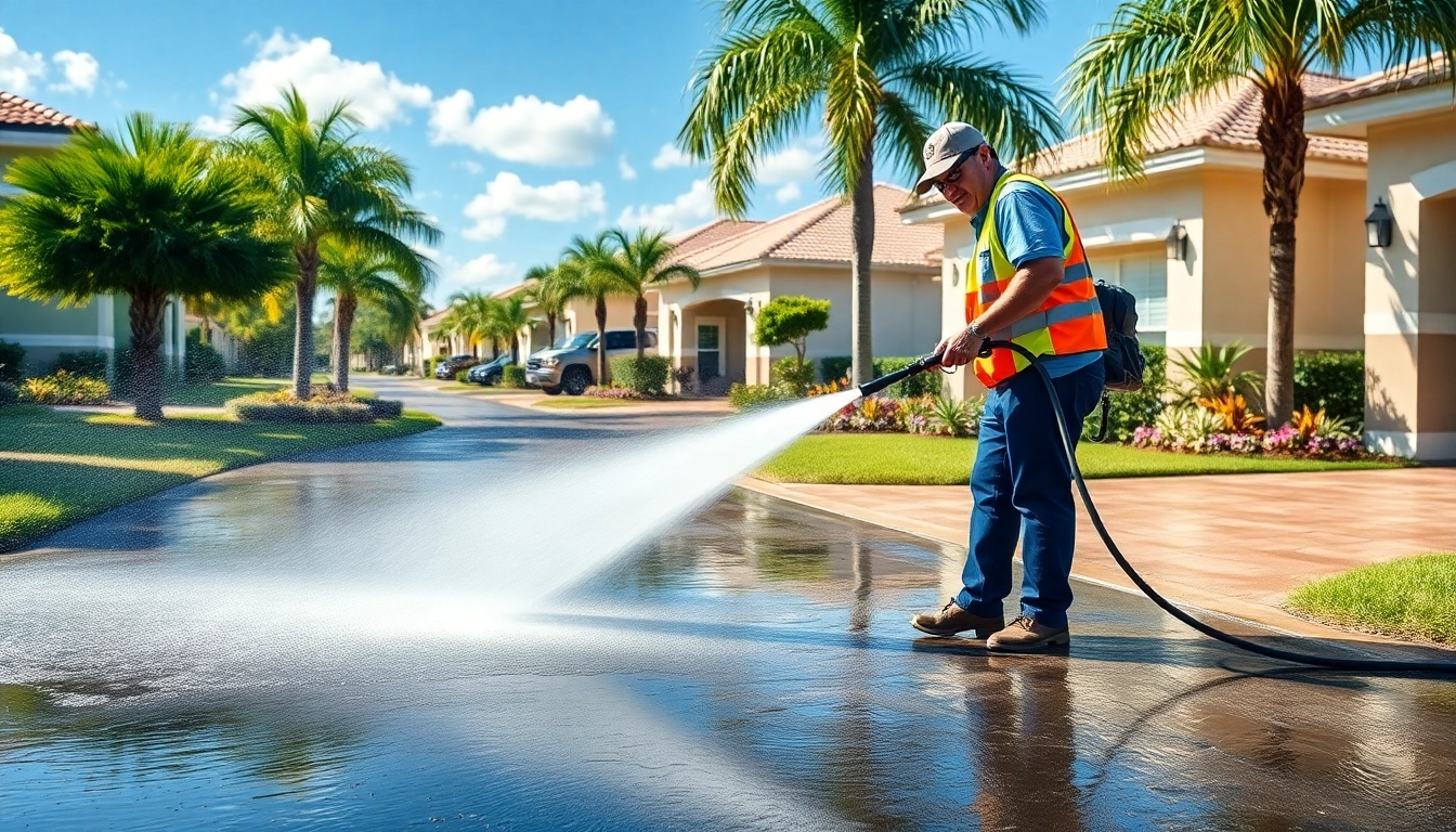 Pressure wash service revitalizing a driveway in Kissimmee, FL, showcasing professional cleaning.