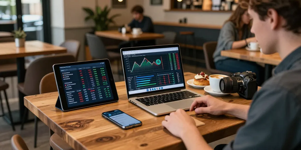 Trusted cloud mining company workspace in a cozy coffee shop with Bitcoin trading charts and crypto portfolio analytics.