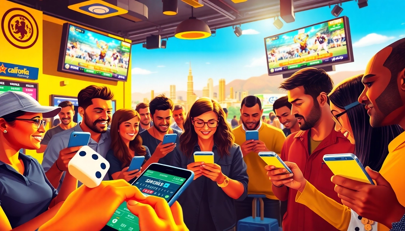 Dynamic representation of sports betting California with diverse individuals actively placing bets.