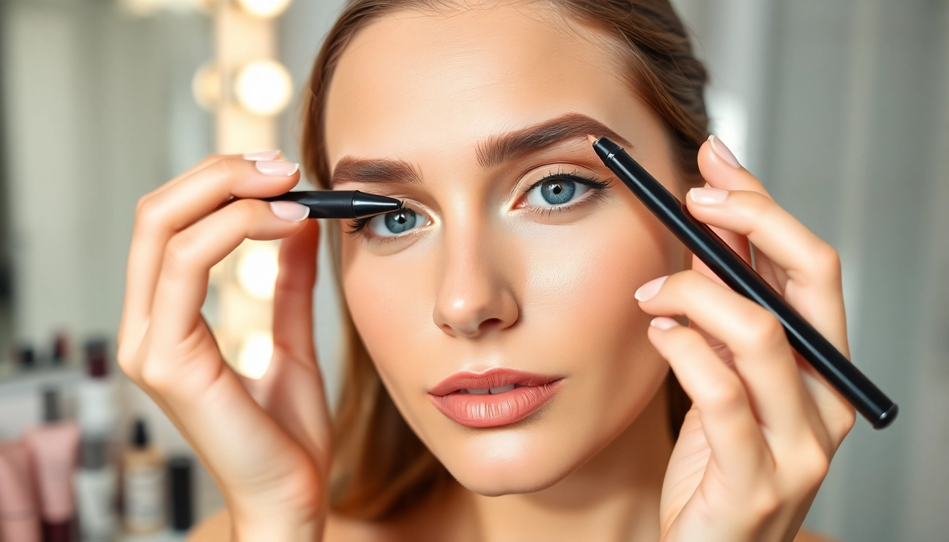 Woman applying an eyebrow pen with precision and confidence in a bright bathroom.