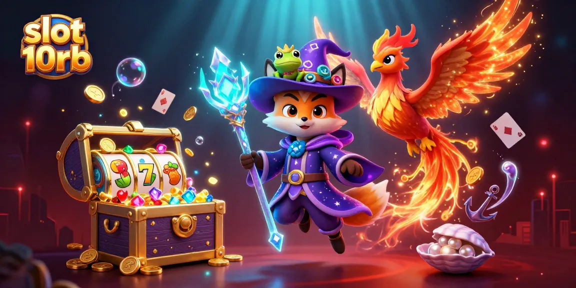 Engage with slot 10rb in this vibrant 3D illustration featuring a wizard fox and a phoenix surrounded by slots.