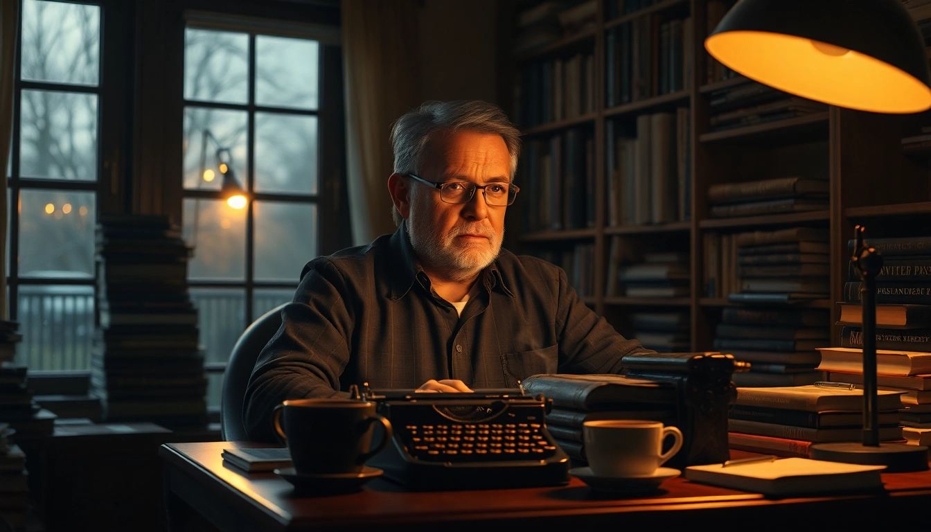 Thriller author engaged in writing, showcasing creativity in a cozy, atmospheric nook.