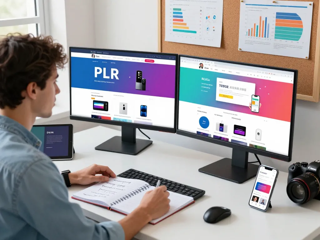 PLR Digital Products for Sale displayed on dual monitors in a bright e-commerce workspace with a marketing specialist creating strategies.