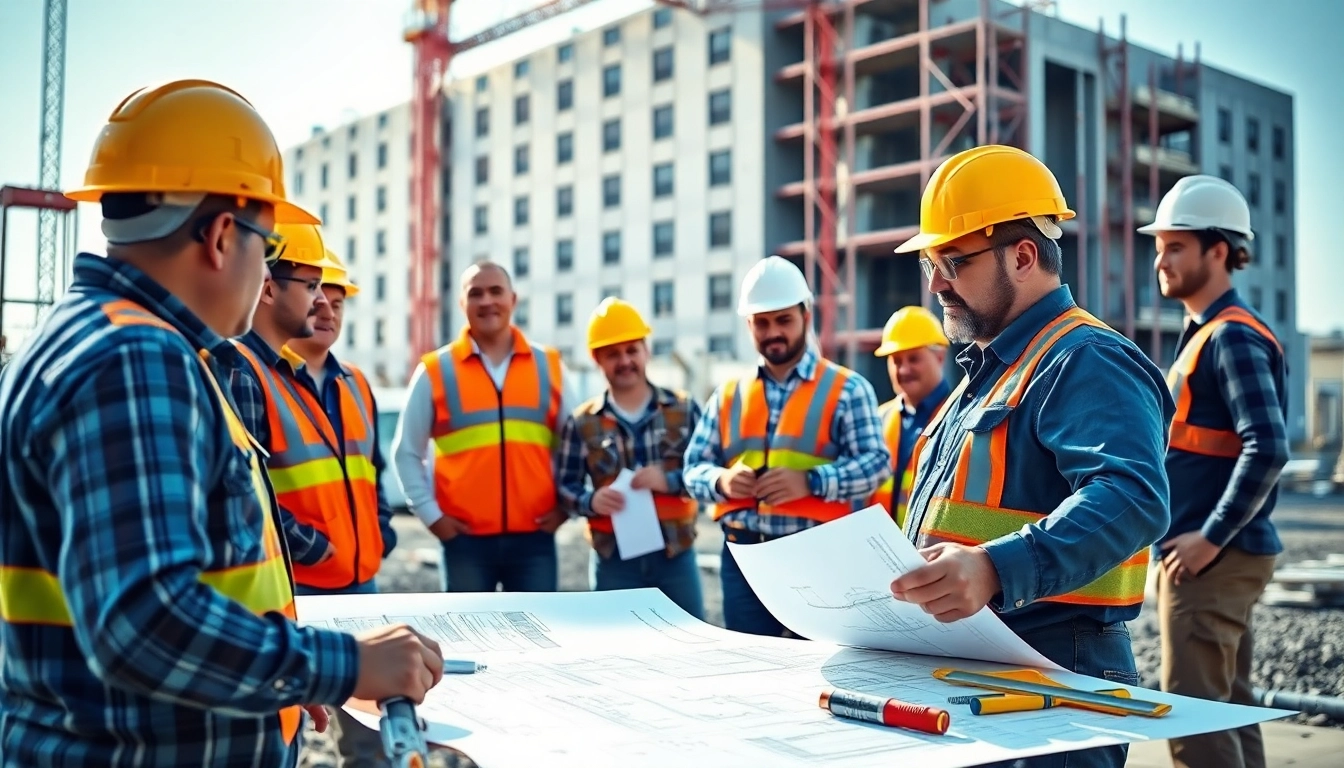 Showcasing a New Jersey Commercial General Contractor with a team discussing project plans on a busy construction site.