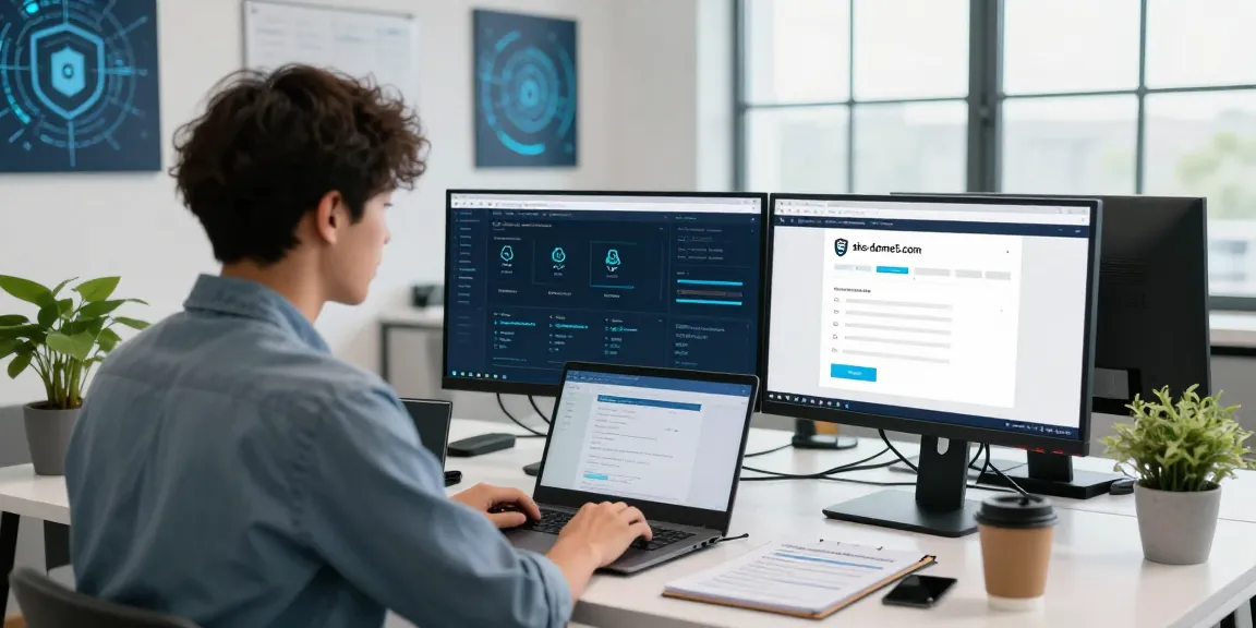 IT technician verifying security checks on shs-dome5.com in a modern office.