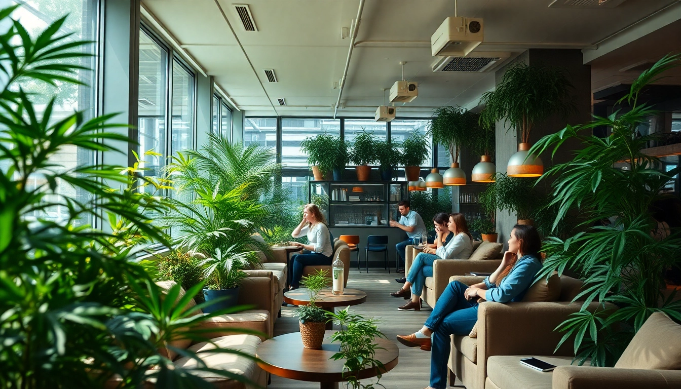Entdecken Sie den cannabis club hamburg mit einer einladenden Lounge und entspannten Gästen.
