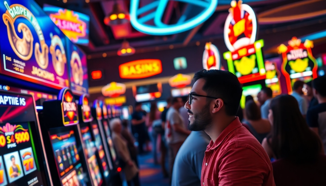 Temukan keseruan bermain slot online dengan mesin slot berwarna-warni dan suasana kasino yang mendebarkan.