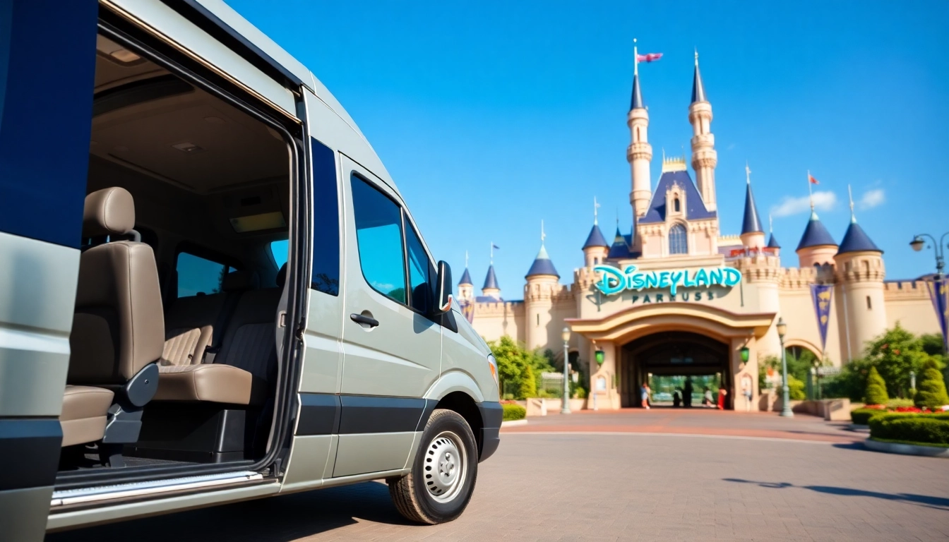 Experience seamless Disneyland Paris airport transfer services with a shuttle van parked near the park entrance.