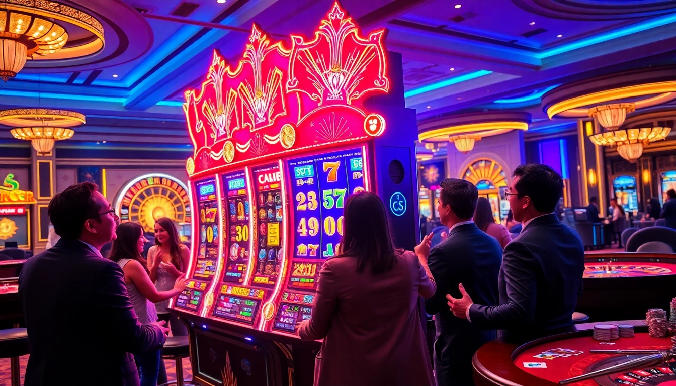 Excited players enjoy a thrilling Slot Gacor machine experience in a luxurious casino.