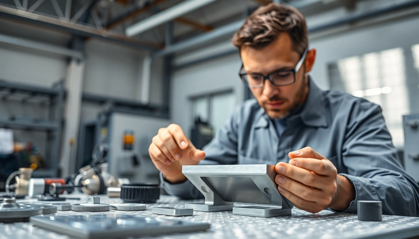 Inspecting high-quality aluminum prototypes in a modern workshop with precise tools.