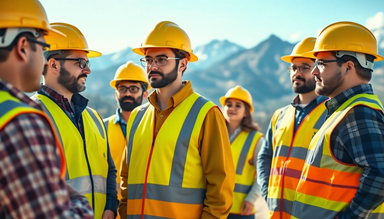 Construction safety training Colorado: diverse team learning essential safety practices outdoors in the mountains.