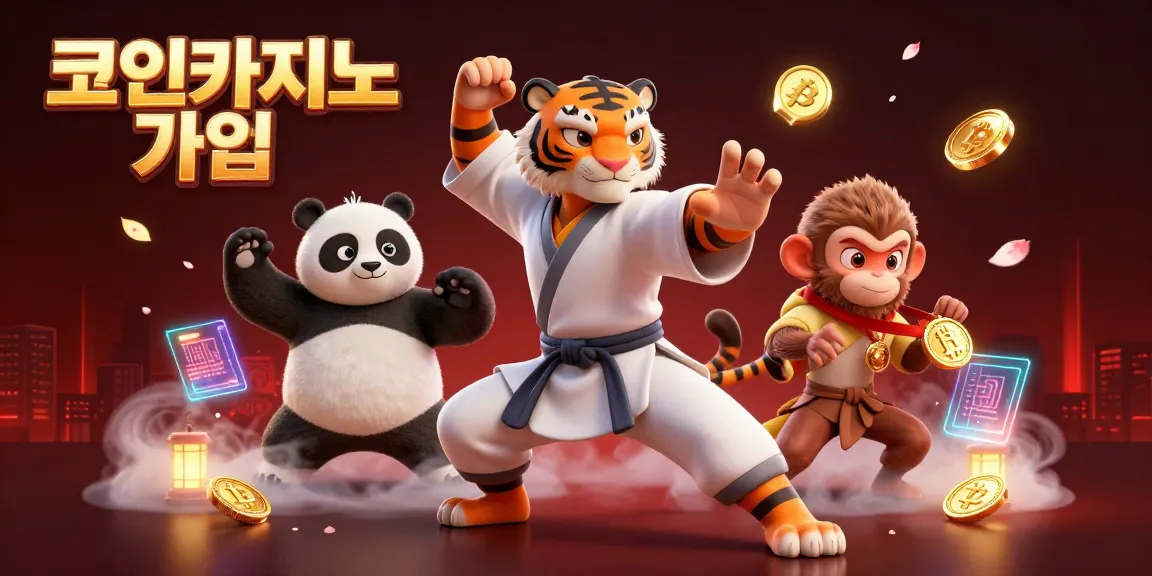 코인카지노 가입을 위한 즐거운 게임 경험을 떠올리게 하는 3D 캐릭터들과 카지노 요소들입니다.