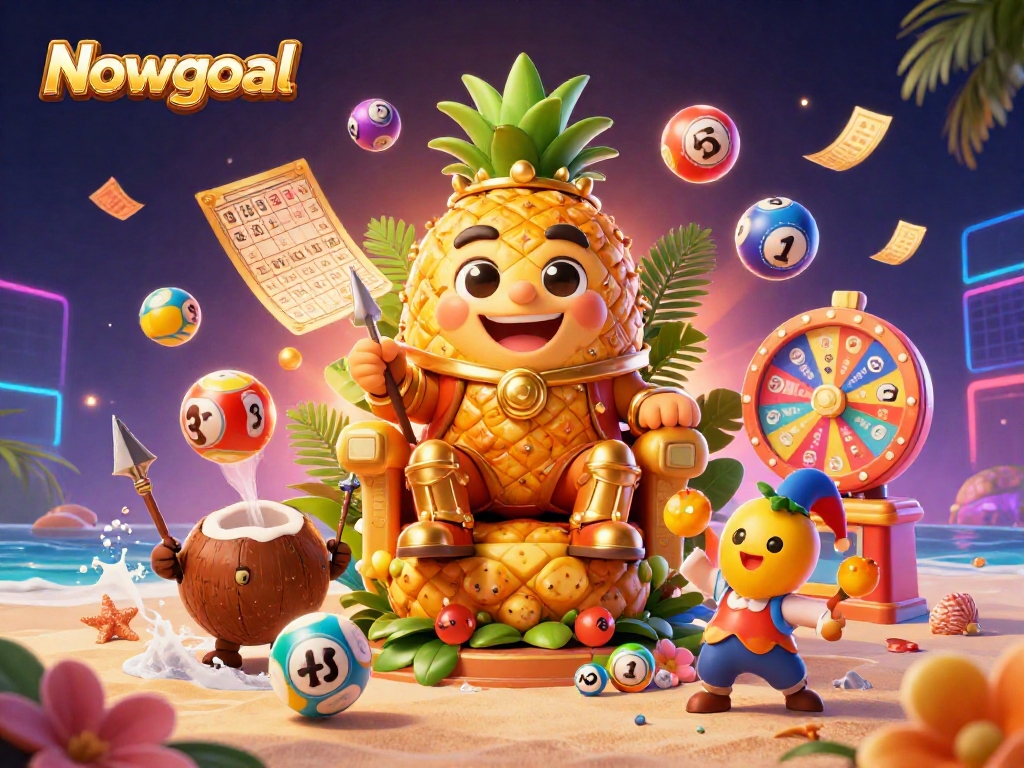 Engage with a vibrant scene of Nowgoal featuring a golden pineapple king amidst lottery action.