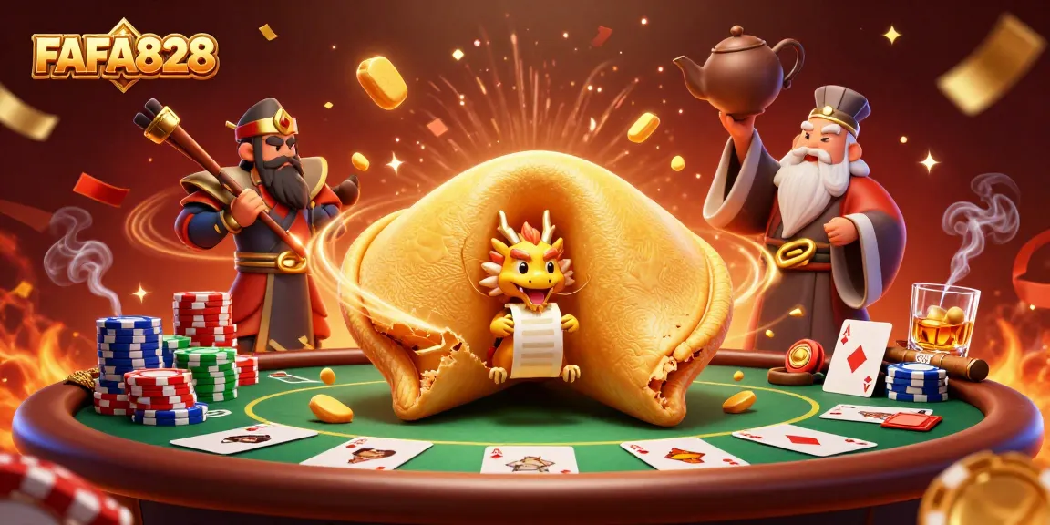 Win big with FAFA828 in a vibrant casino scene featuring a golden fortune cookie and poker elements.