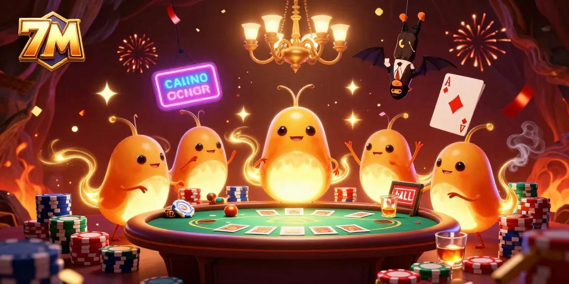 Experience vibrant 7M casino action with glowworms illuminating a dynamic poker scene.