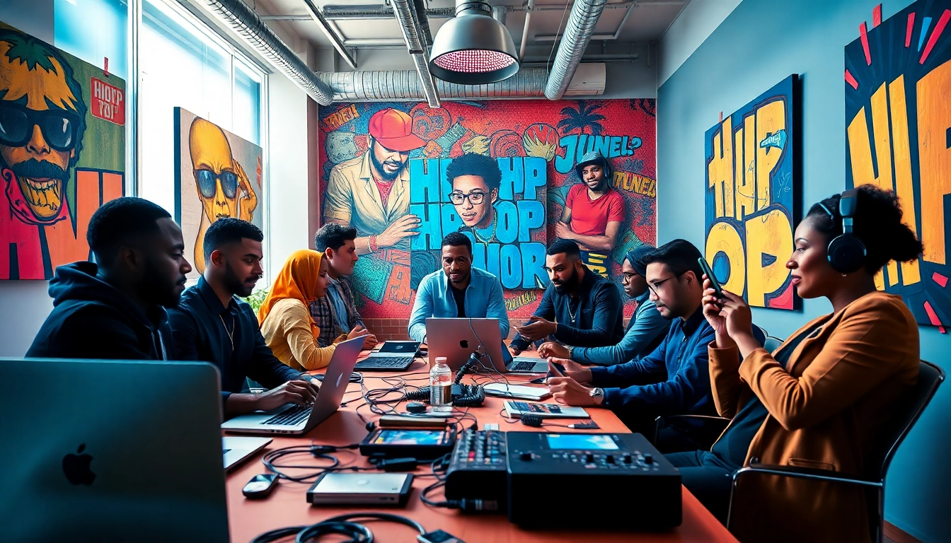 Engaging team of hip hop publicists strategizing in a vibrant office, showcasing the expertise of a leading hip hop PR firm.