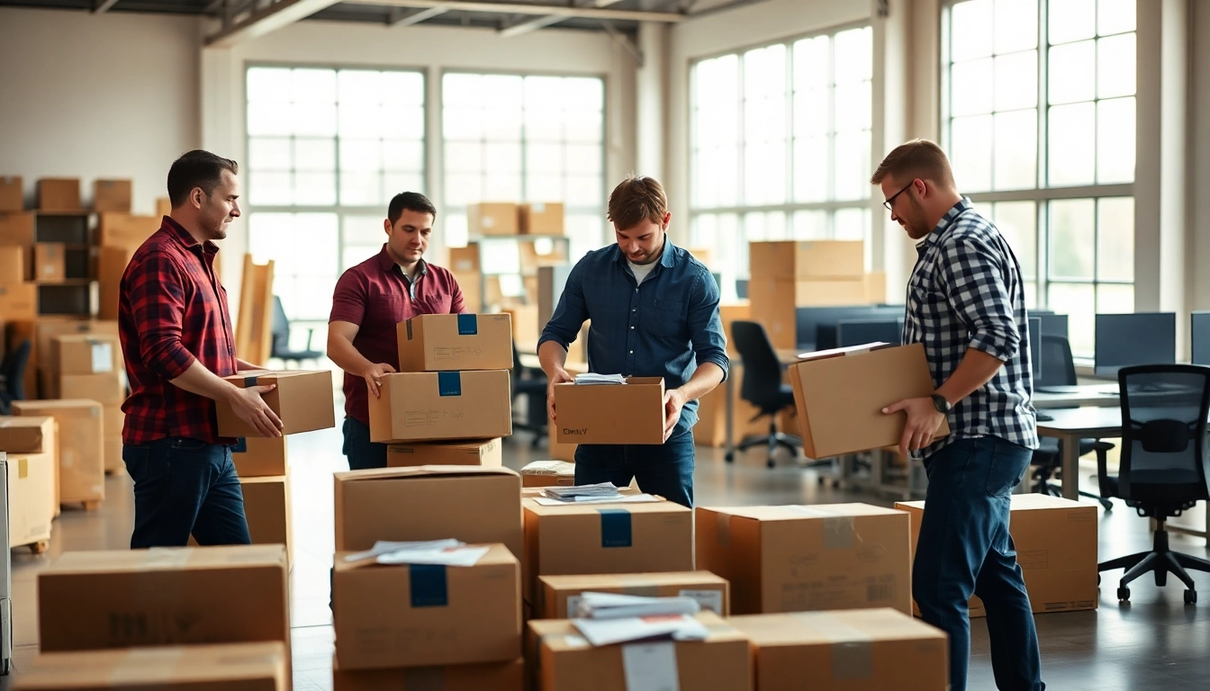 Florida commercial movers efficiently packing office equipment in a bright warehouse for relocation.