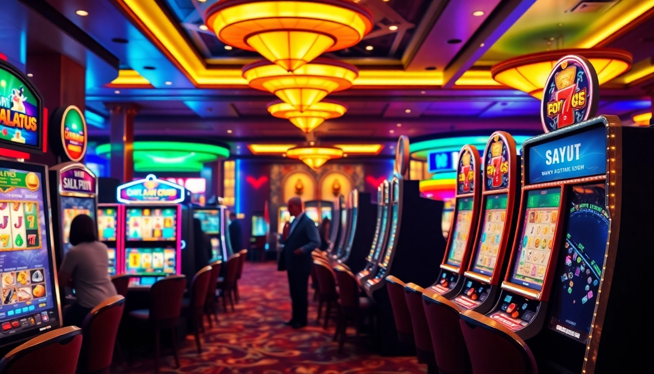Putaran slot yang menarik di mesin slot modern di kasino yang ramai.