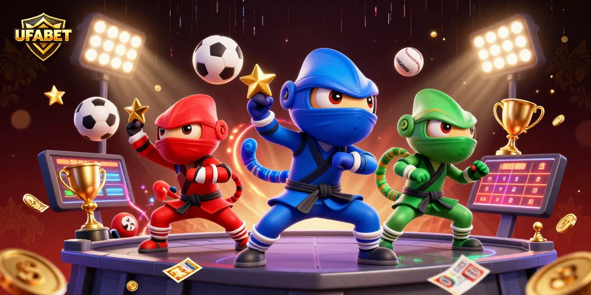 Experience thrilling betting action with UFABET's vibrant 3D ninja chameleon scene, showcasing dynamic sports elements.