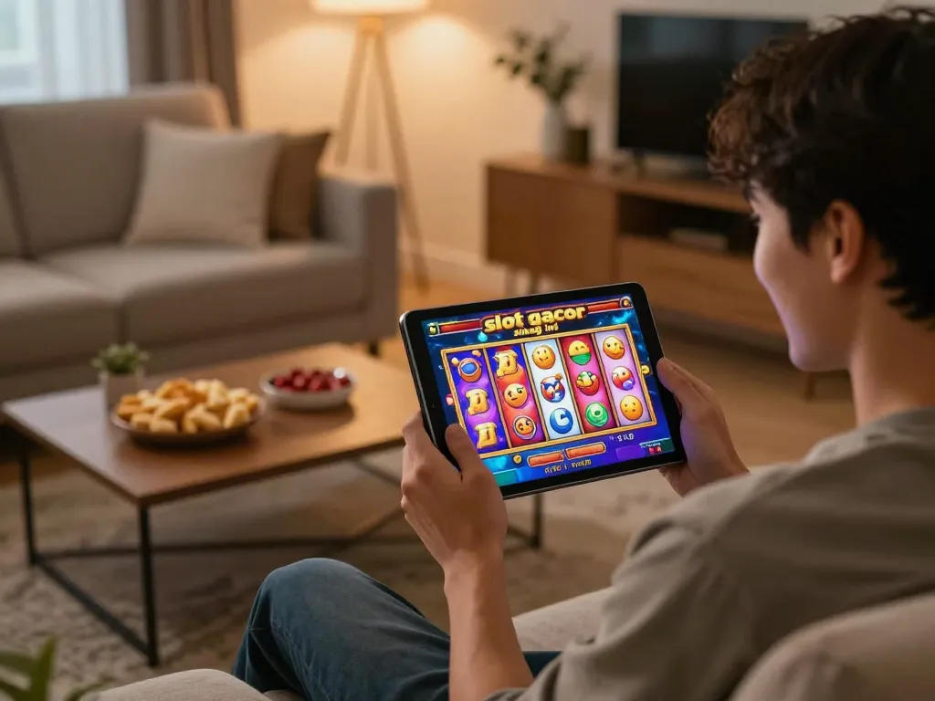 Player enjoying slot gacor siang ini on tablet with vibrant graphics in a cozy home setting.