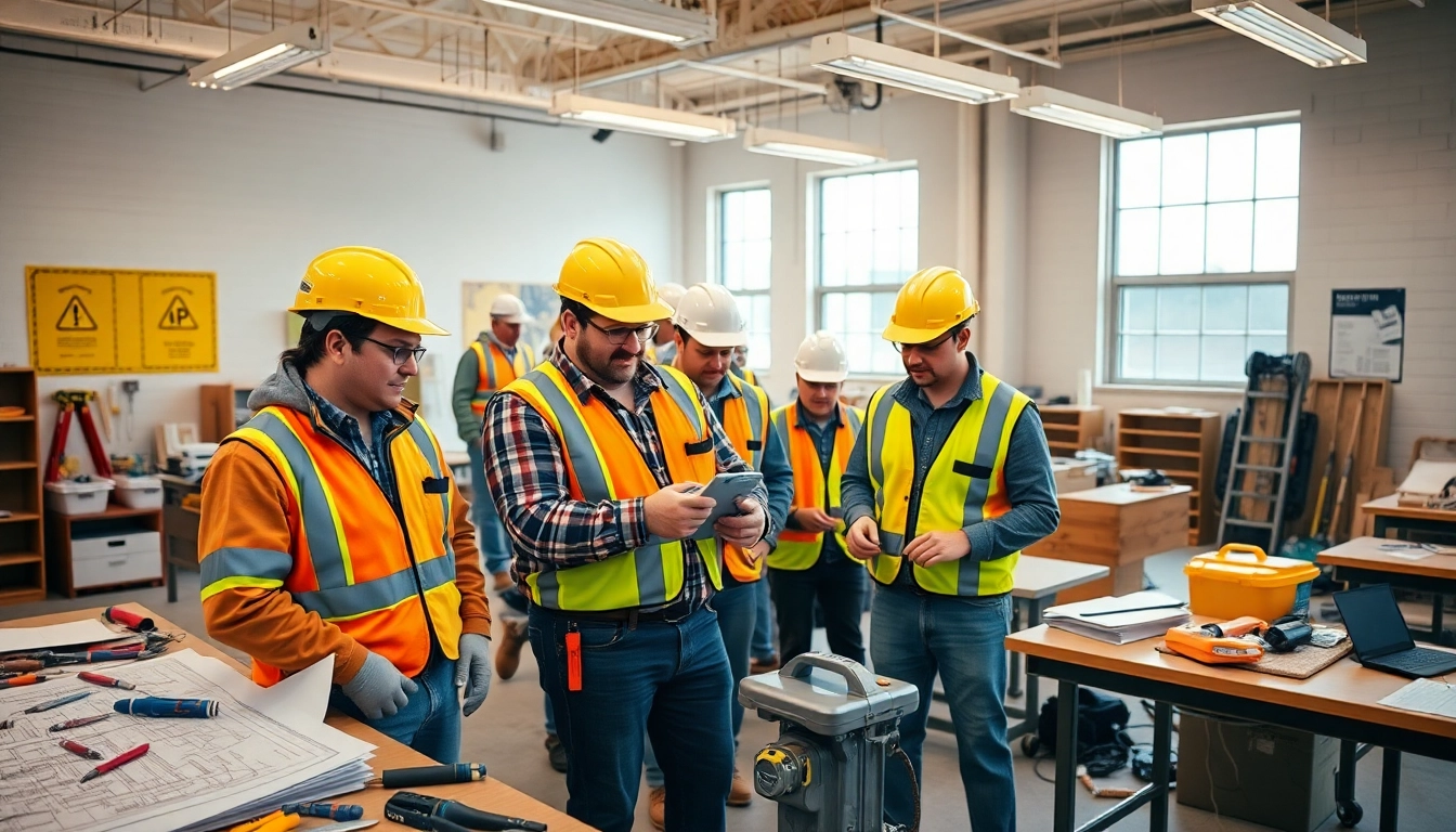 Students at construction trade schools in texas actively training with tools and equipment in a classroom.