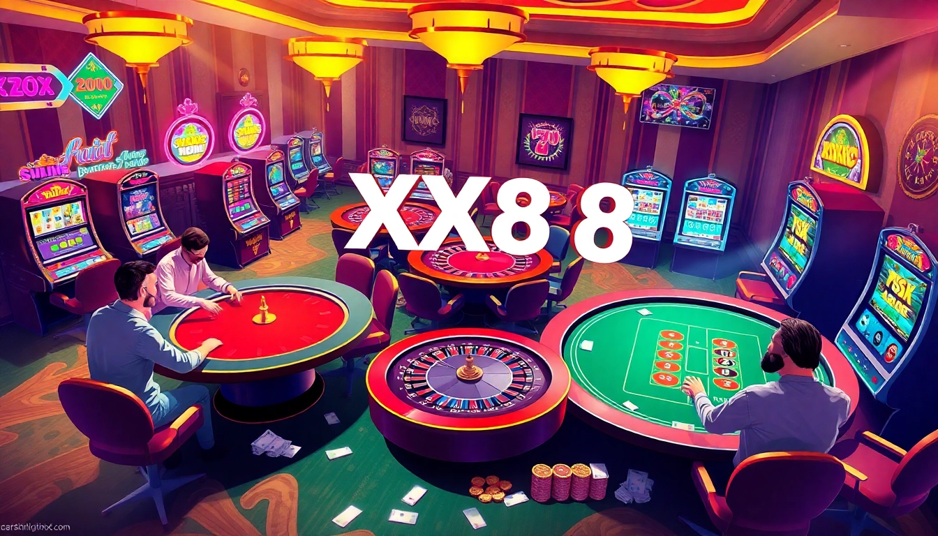Engaging players at a vibrant casino scene featuring XX88 with tables, chips, and slot machines.