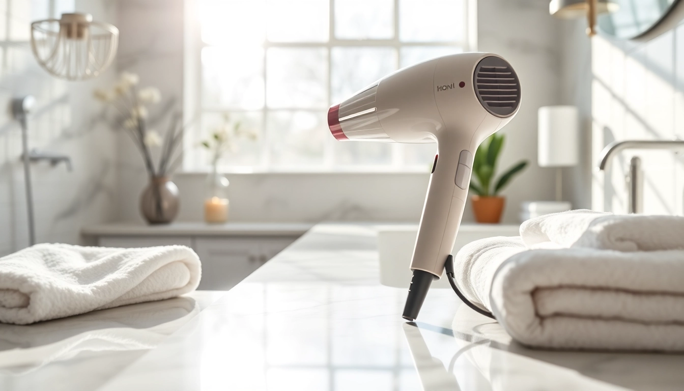 The ionic hair dryer showcases sleek design with modern features, perfectly positioned on a vanity.