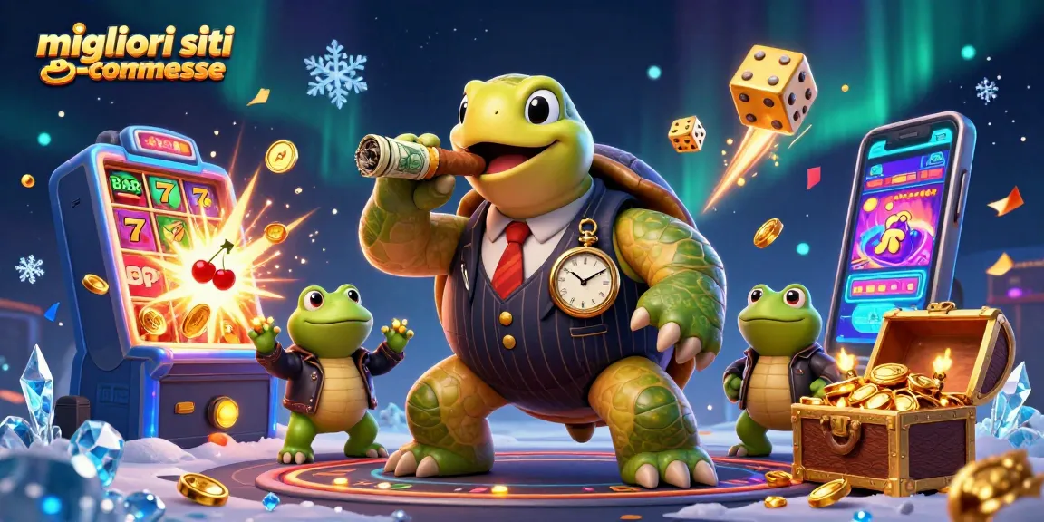 Scopri i migliori siti scommesse con una tartaruga in un abito elegante, simboli di casinò e jackpot scintillanti.