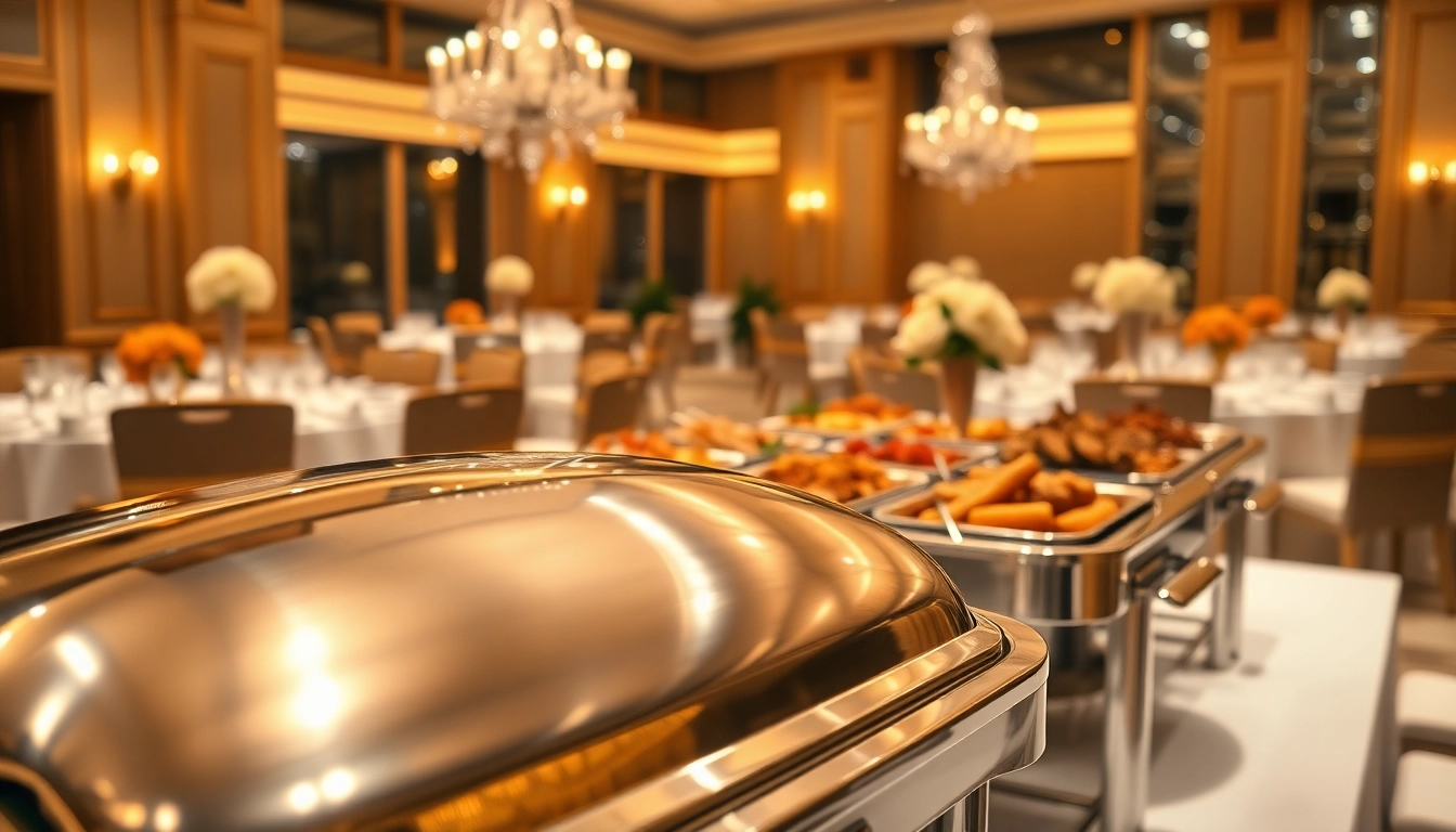 Chafing dish reflecting warm light on a banquet table filled with delicious food.