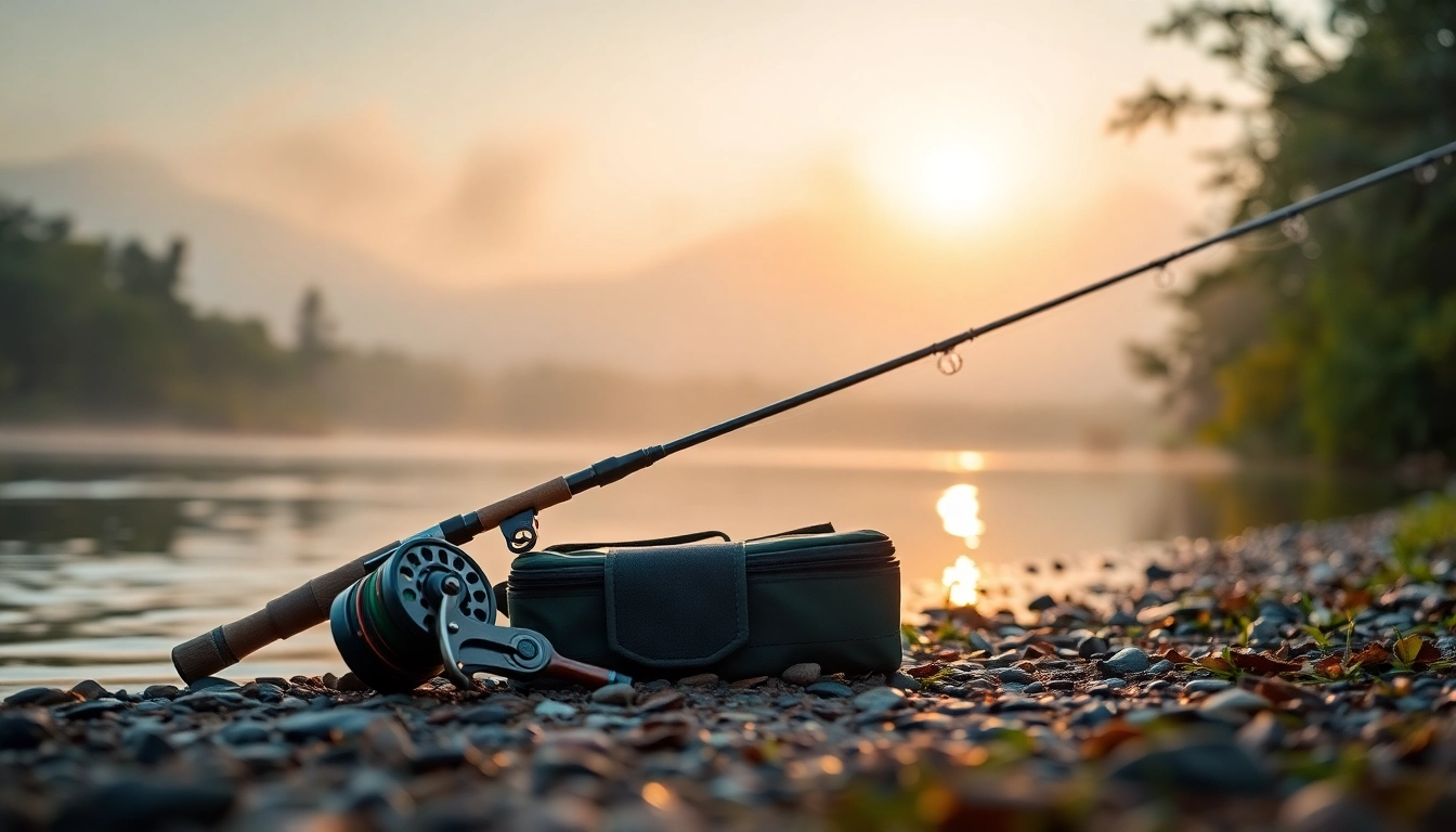 Showcasing a fly fishing combo setup near a tranquil river, emphasizing gear and serene nature.