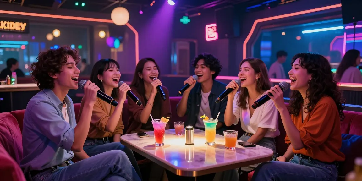 Friends enjoying 강남가라오케 night out, singing with cocktails in lively venue.