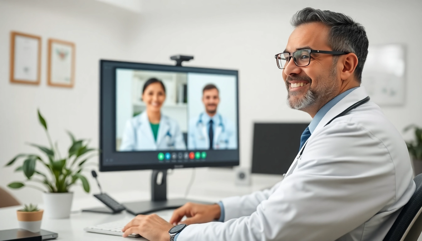 Engaging fast telehealth consultation online featuring a welcoming doctor and virtual interface.