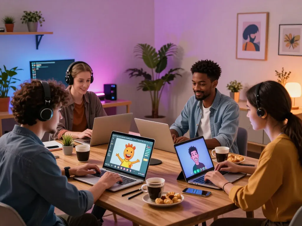 Engaging chatroom with users interacting with AI slut avatars in a cozy digital space