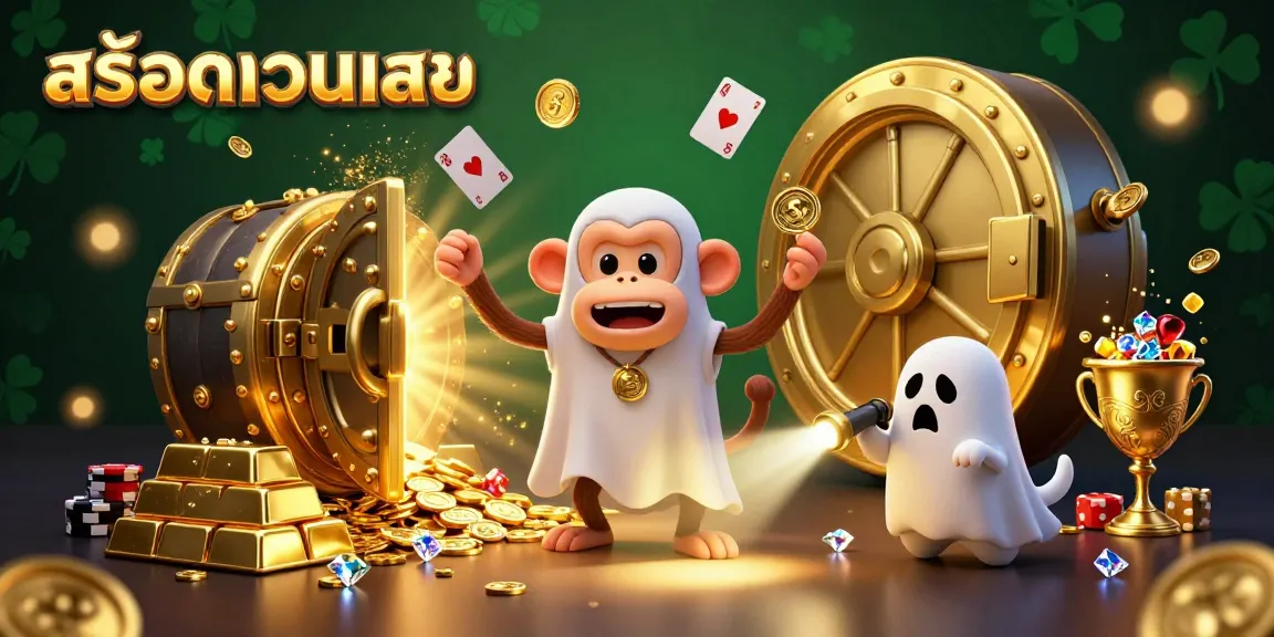 Experience exciting adventures with สล็อตเว็บตรง, featuring a mischievous monkey juggling golden winnings in a haunted casino.