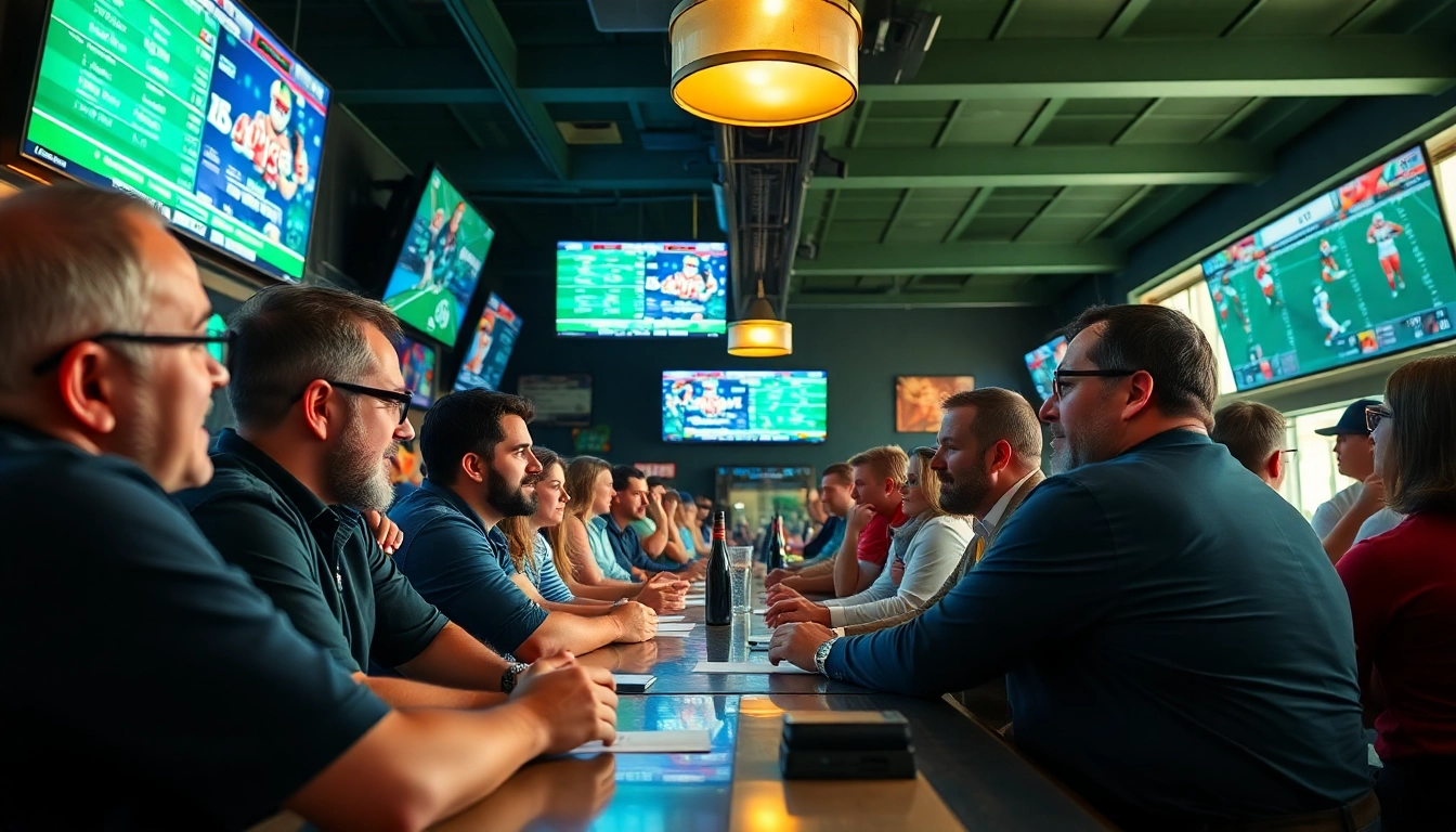 Engaged bettors discussing sports betting South Carolina in a lively sports bar setting.