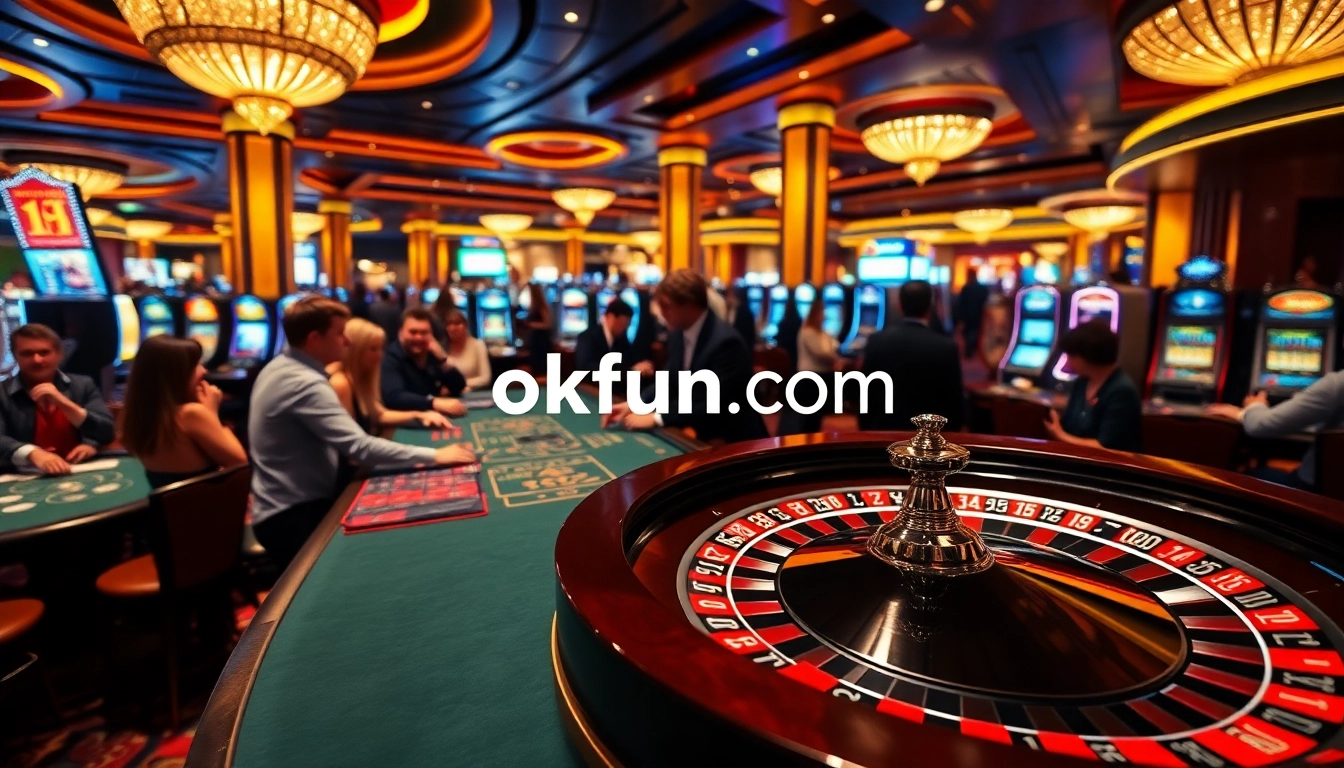Engage in a thrilling casino experience at okfun com with players enjoying vibrant roulette and poker tables.